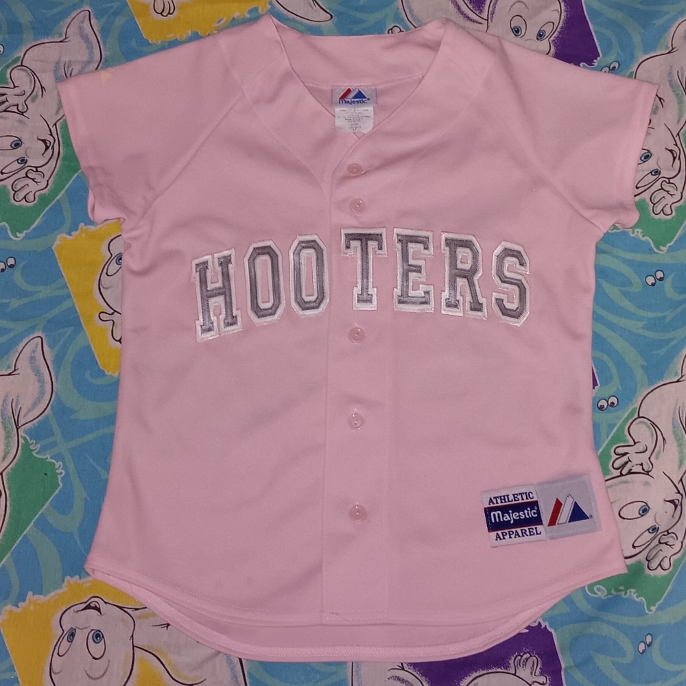 90s Majestic Hooters Pink Baseball Jersey Vintage Shirt Uniform Worker Employee